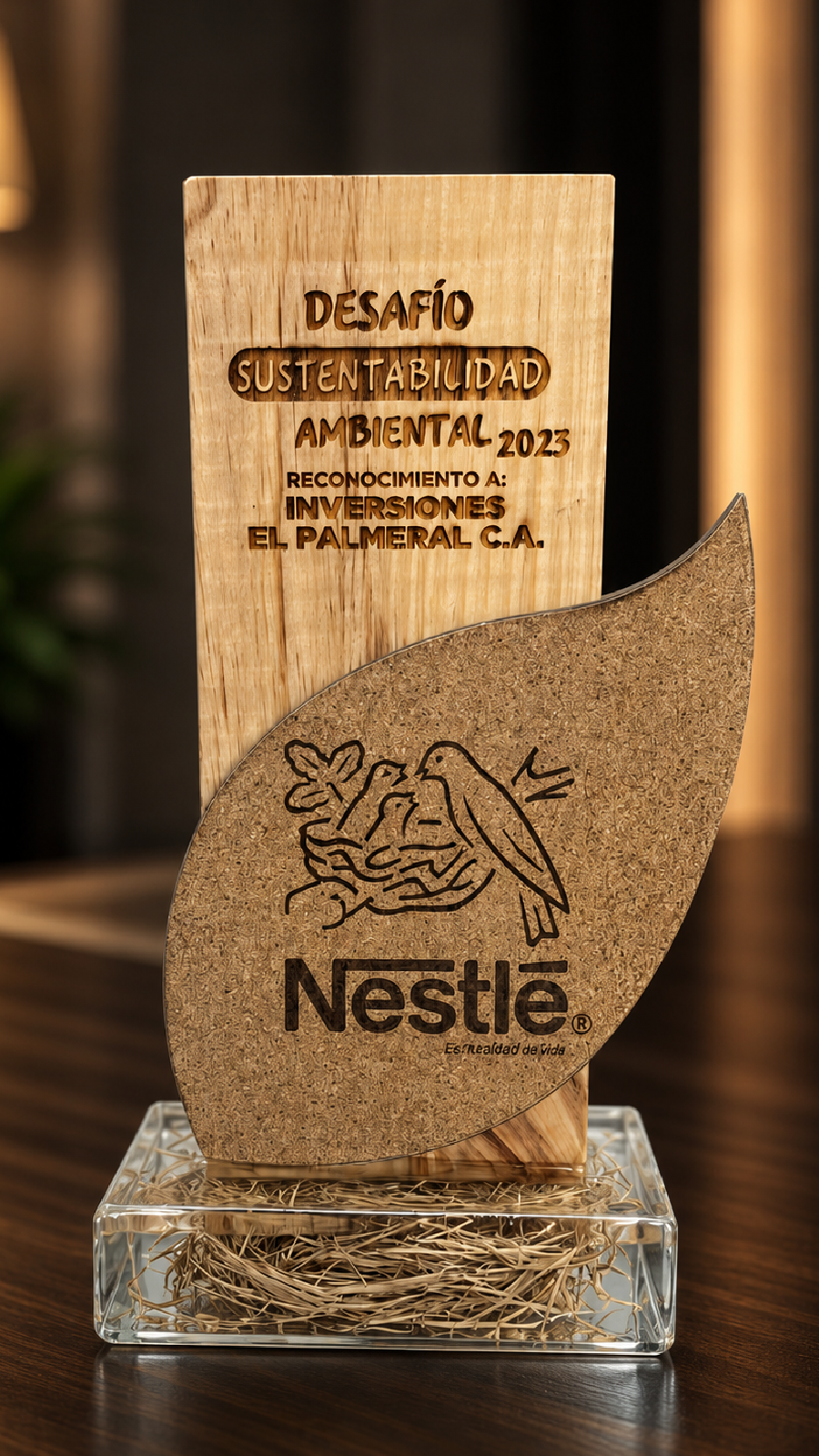 Trofeo del premio Desafío Sustentabilidad Ambiental 2023 de Nestlé Venezuela, otorgado a Inversiones El Palmeral