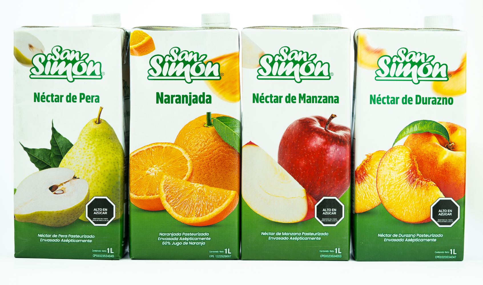 Línea completa de néctares San Simón de 1 litro: pera, naranjada, manzana y durazno