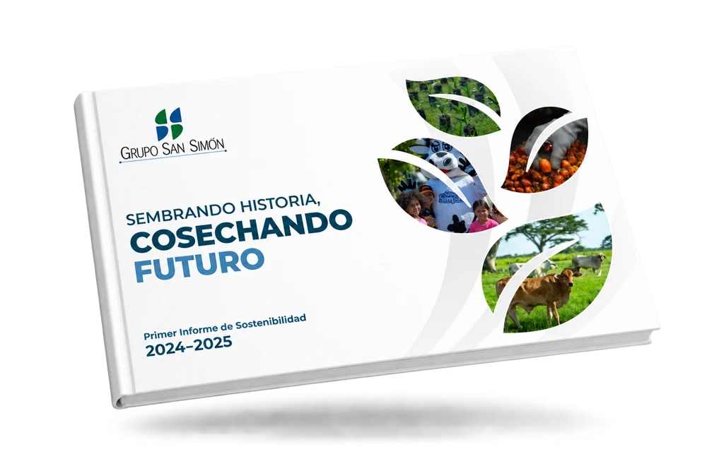 Informe de Sostenibilidad 2024-2025 de Grupo San Simón: Sembrando historia, cosechando futuro. Libro horizontal flotante.
