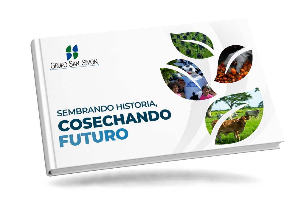 Informe de Sostenibilidad 2024-2025 de Grupo San Simón: Sembrando historia, cosechando futuro. Libro horizontal flotante.